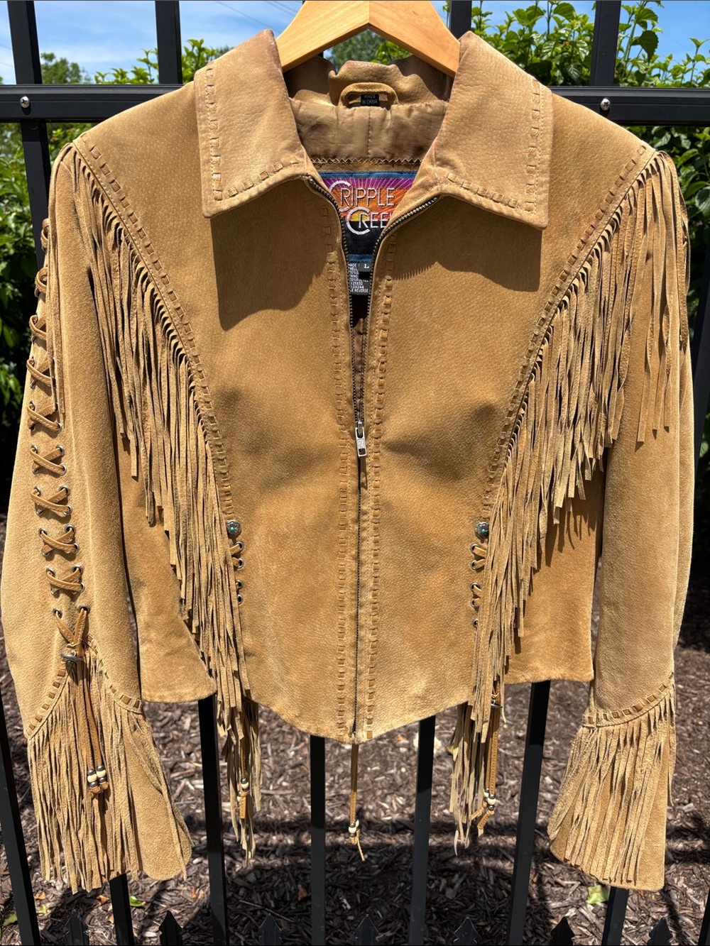 EUVC Rare Cripple Creek M L tan suede braided fringe leather coat VTG - Picture 5 of 17